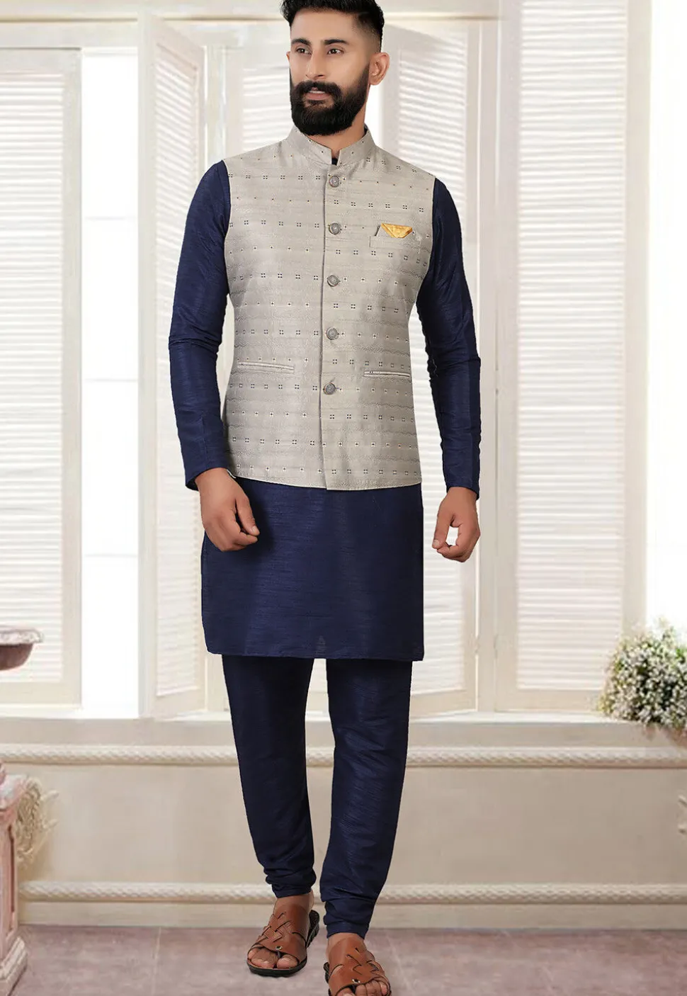 Embroidered Art Silk Nehru Jacket in Grey