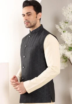 Embroidered Art Silk Nehru Jacket in Black