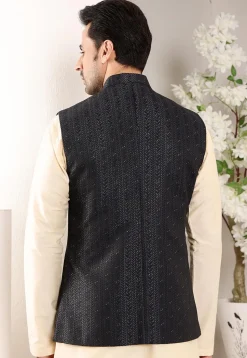 Embroidered Art Silk Nehru Jacket in Black