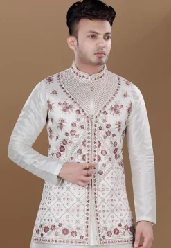 Embroidered Art Silk Nehru Jacket in Cream