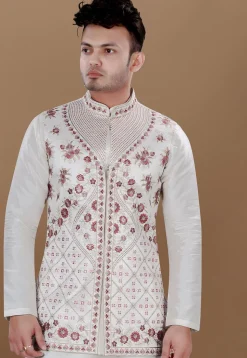 Embroidered Art Silk Nehru Jacket in Cream