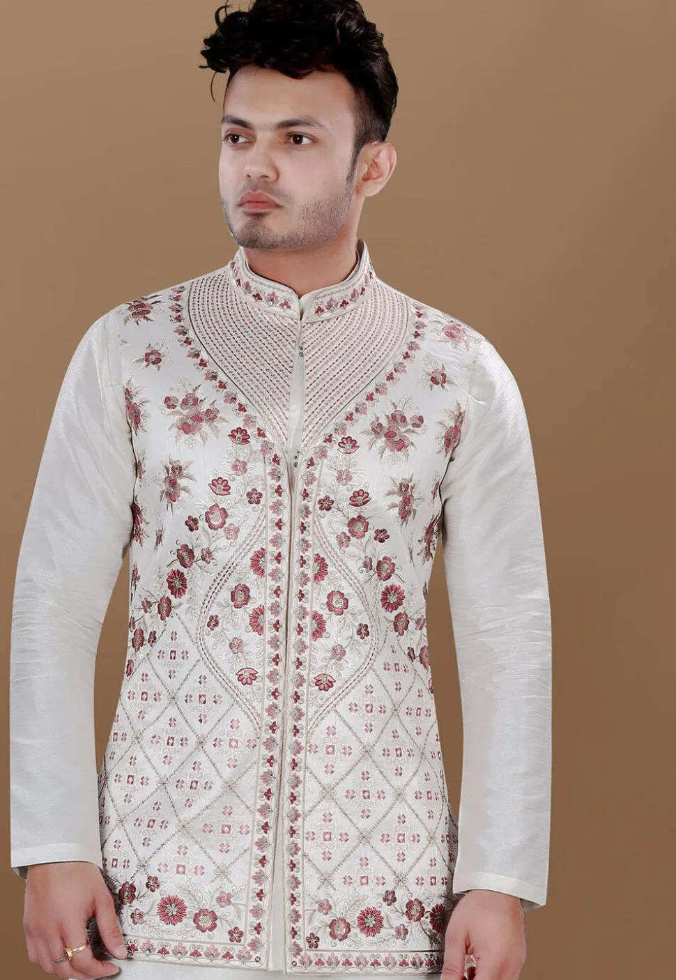 Embroidered Art Silk Nehru Jacket in Cream