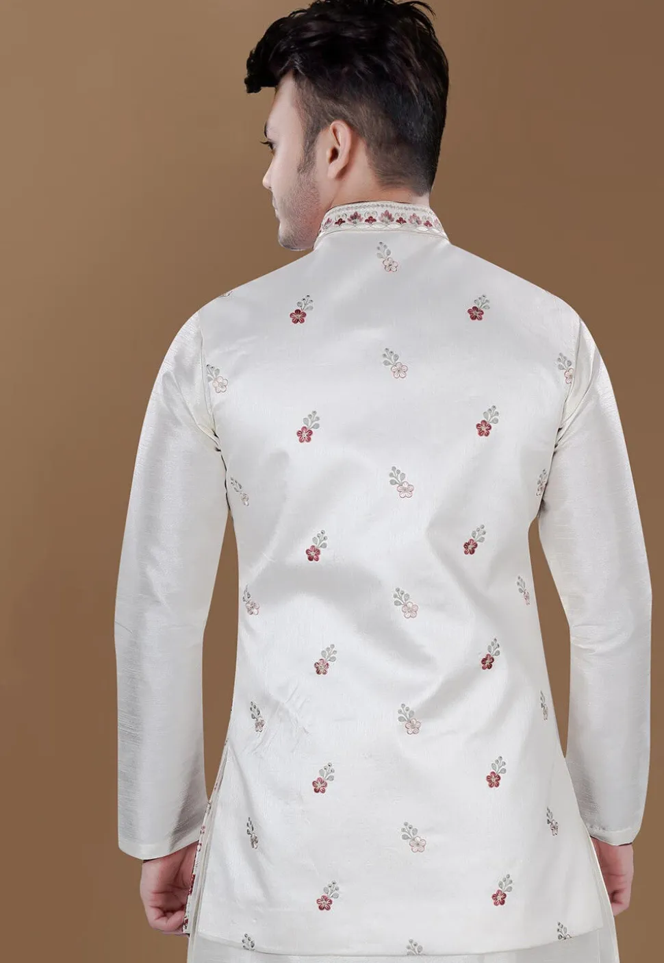 Embroidered Art Silk Nehru Jacket in Cream