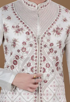 Embroidered Art Silk Nehru Jacket in Cream