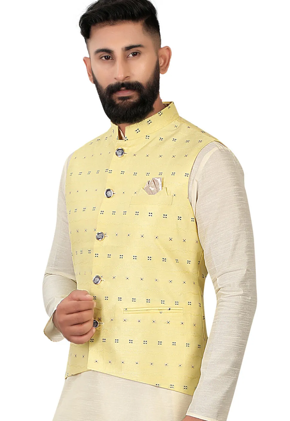 Embroidered Art Silk Nehru Jacket in Light Yellow