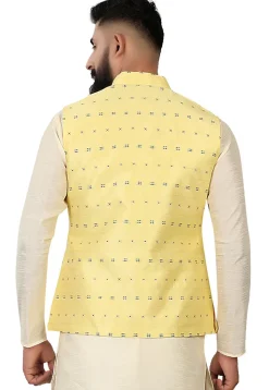 Embroidered Art Silk Nehru Jacket in Light Yellow