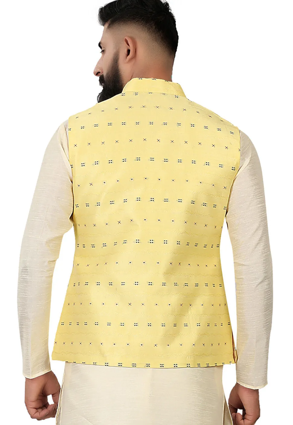 Embroidered Art Silk Nehru Jacket in Light Yellow