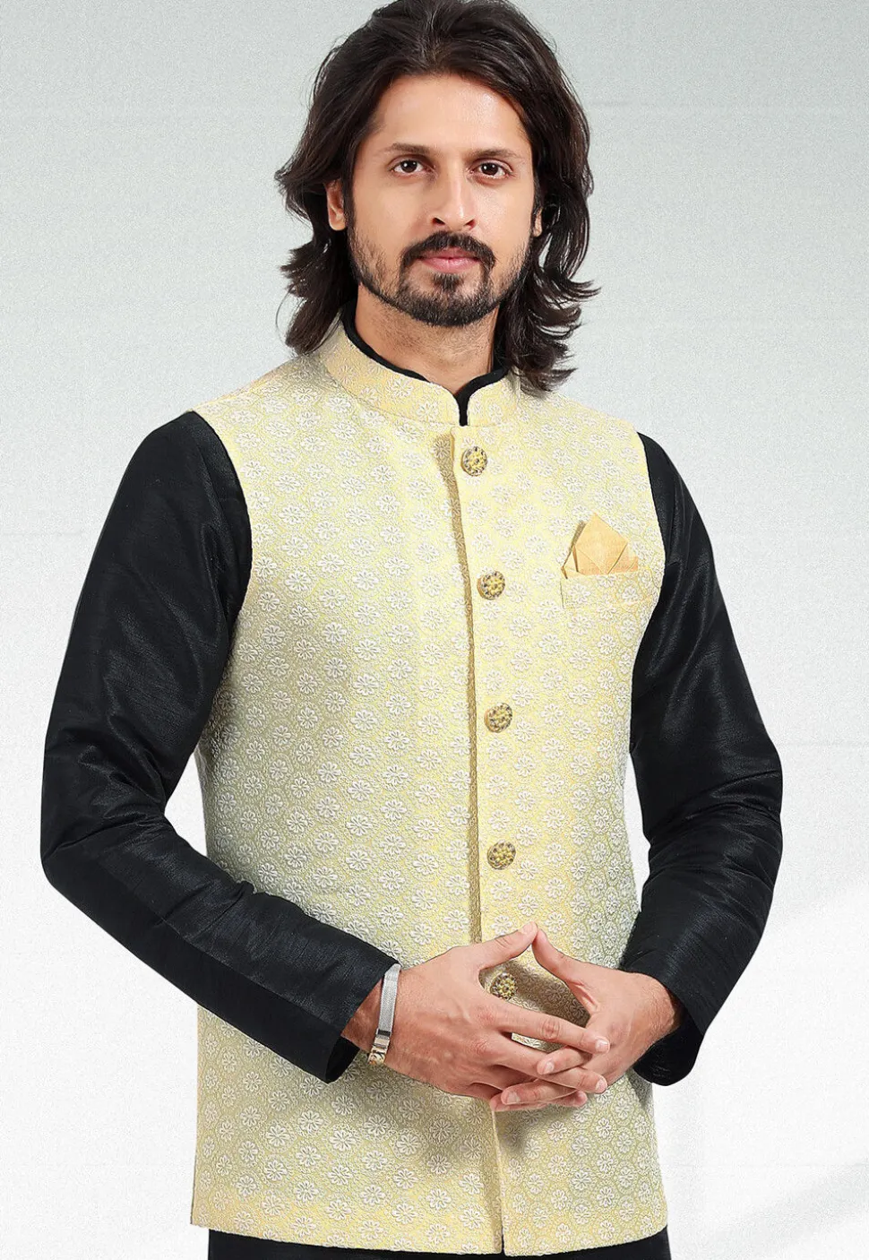 Embroidered Art Silk Nehru Jacket in Yellow
