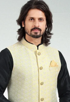 Embroidered Art Silk Nehru Jacket in Yellow