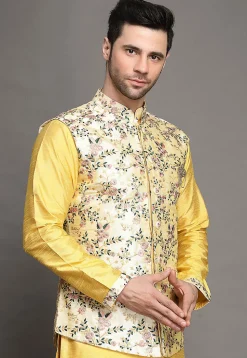 Embroidered Art Silk Nehru Jacket in Cream
