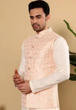 Embroidered Art Silk Nehru Jacket in Light Peach