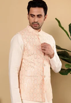 Embroidered Art Silk Nehru Jacket in Light Peach