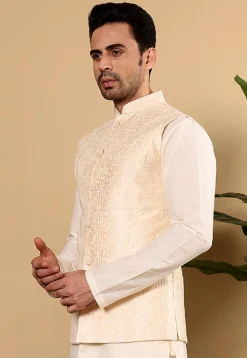 Embroidered Art Silk Nehru Jacket in Light Beige