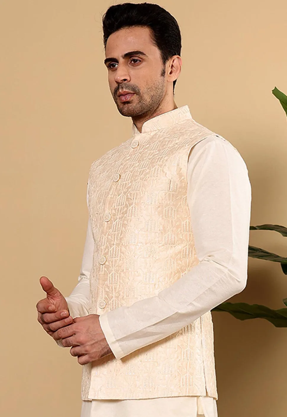 Embroidered Art Silk Nehru Jacket in Light Beige