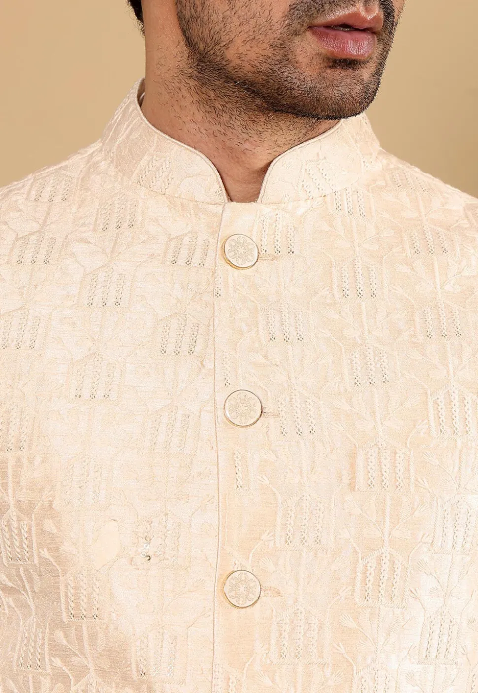 Embroidered Art Silk Nehru Jacket in Light Beige