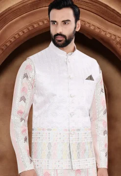 Embroidered Art Silk Nehru Jacket in Off White