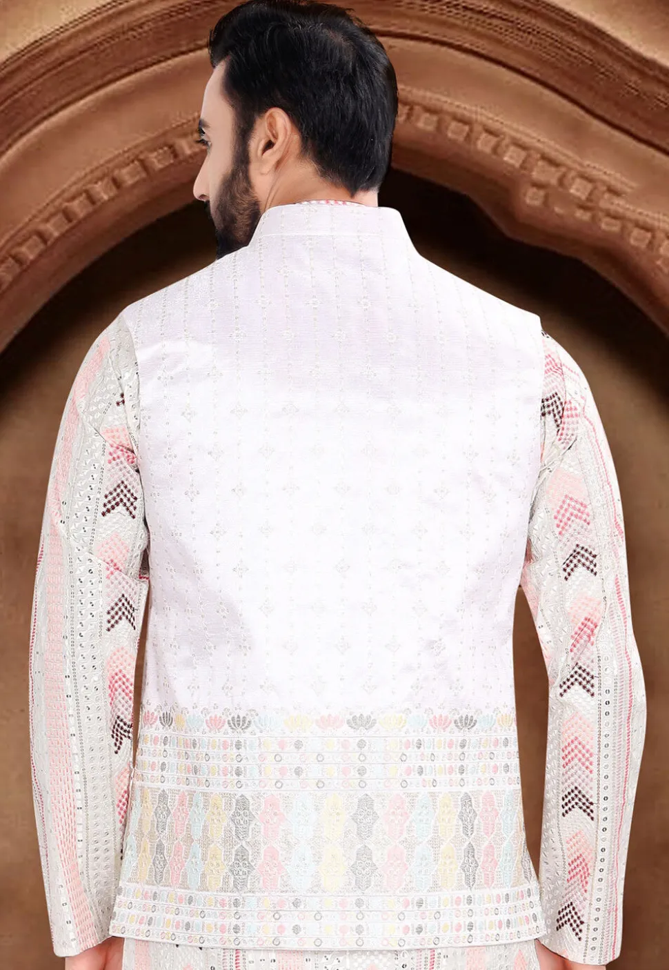Embroidered Art Silk Nehru Jacket in Off White