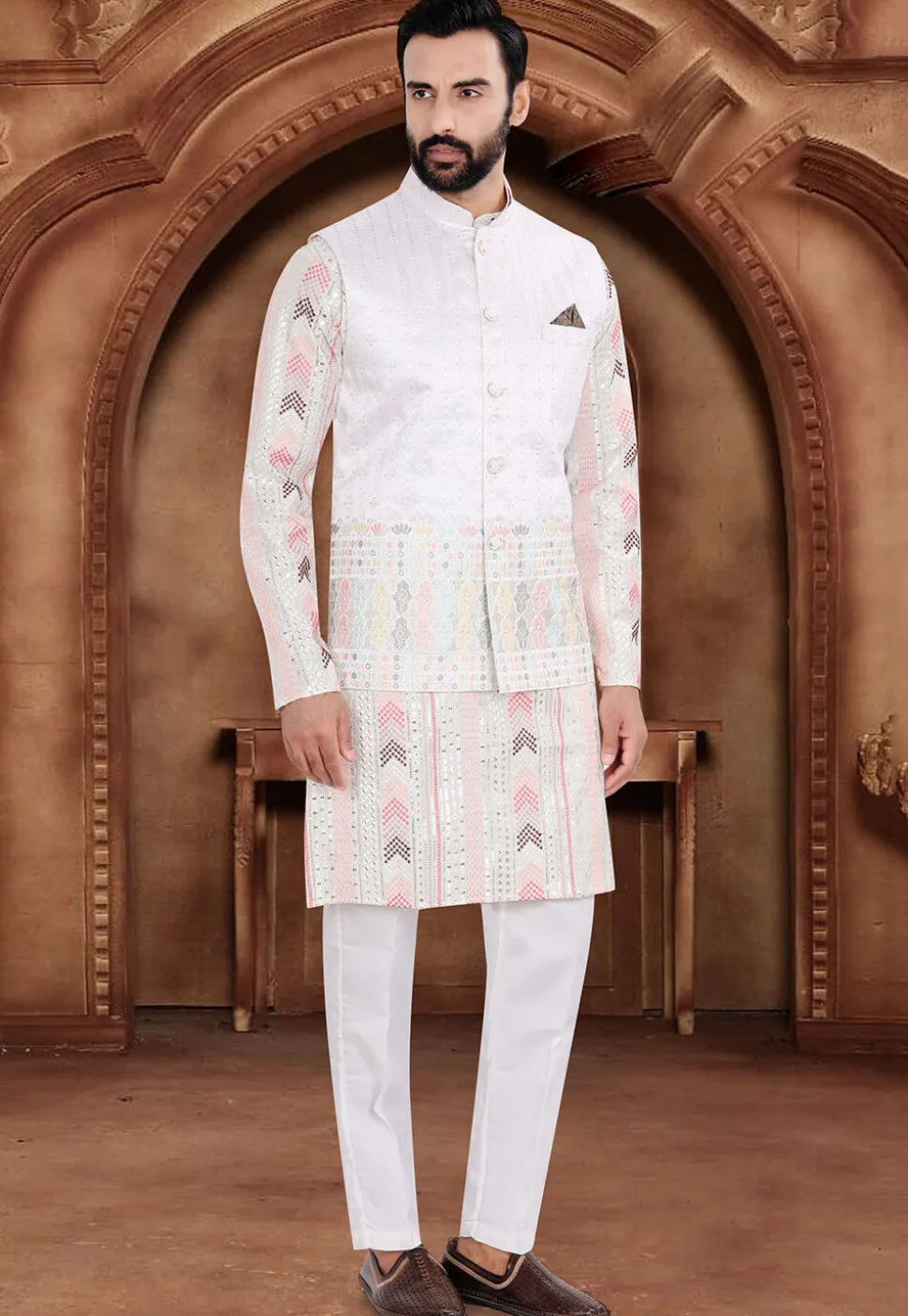 Embroidered Art Silk Nehru Jacket in Off White