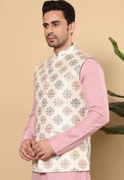 Embroidered Art Silk Nehru Jacket in Off White
