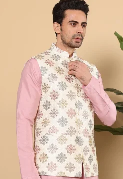 Embroidered Art Silk Nehru Jacket in Off White
