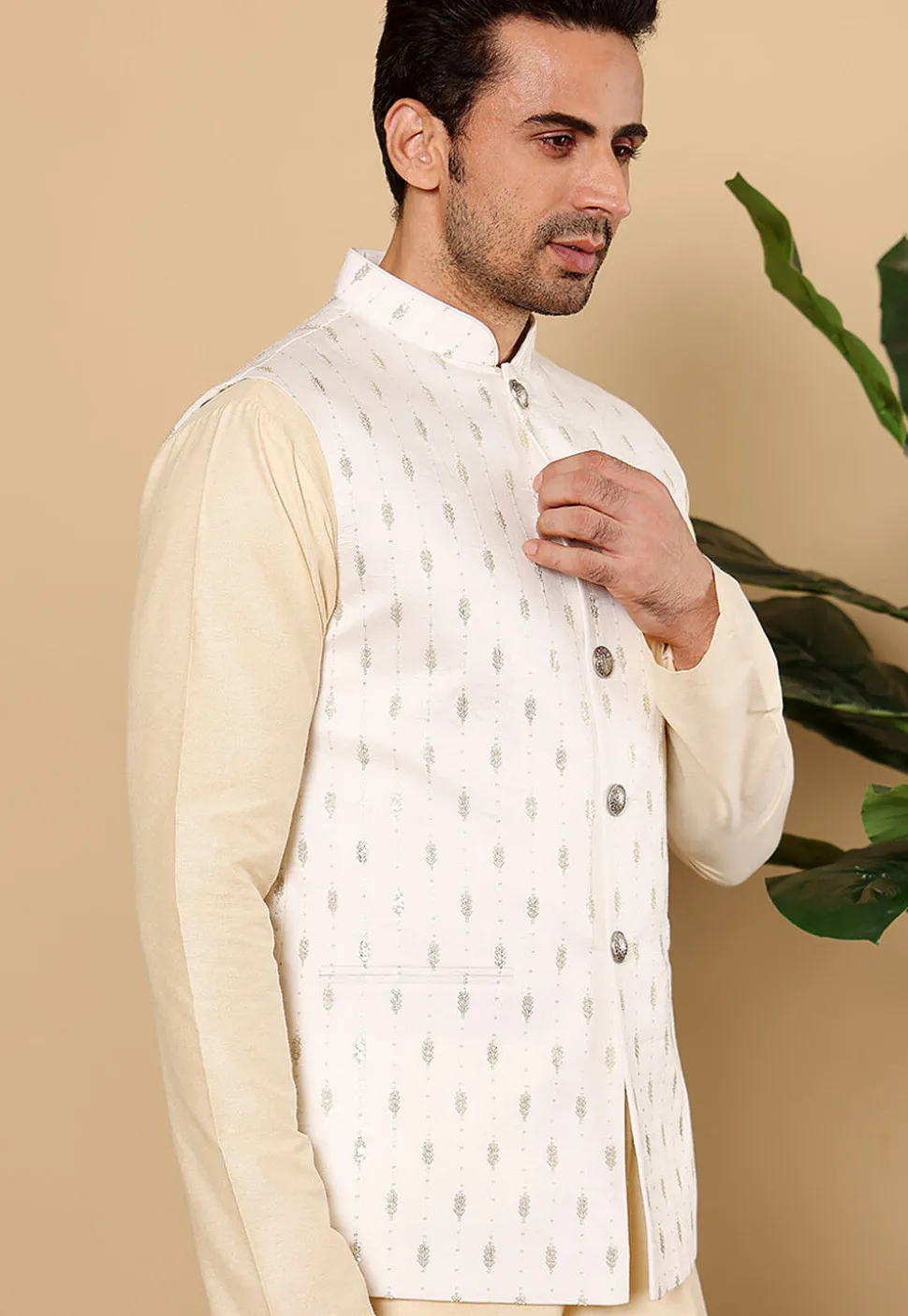 Embroidered Art Silk Nehru Jacket in White