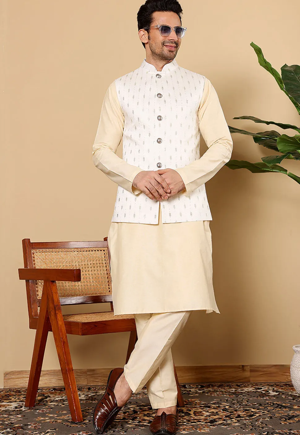 Embroidered Art Silk Nehru Jacket in White