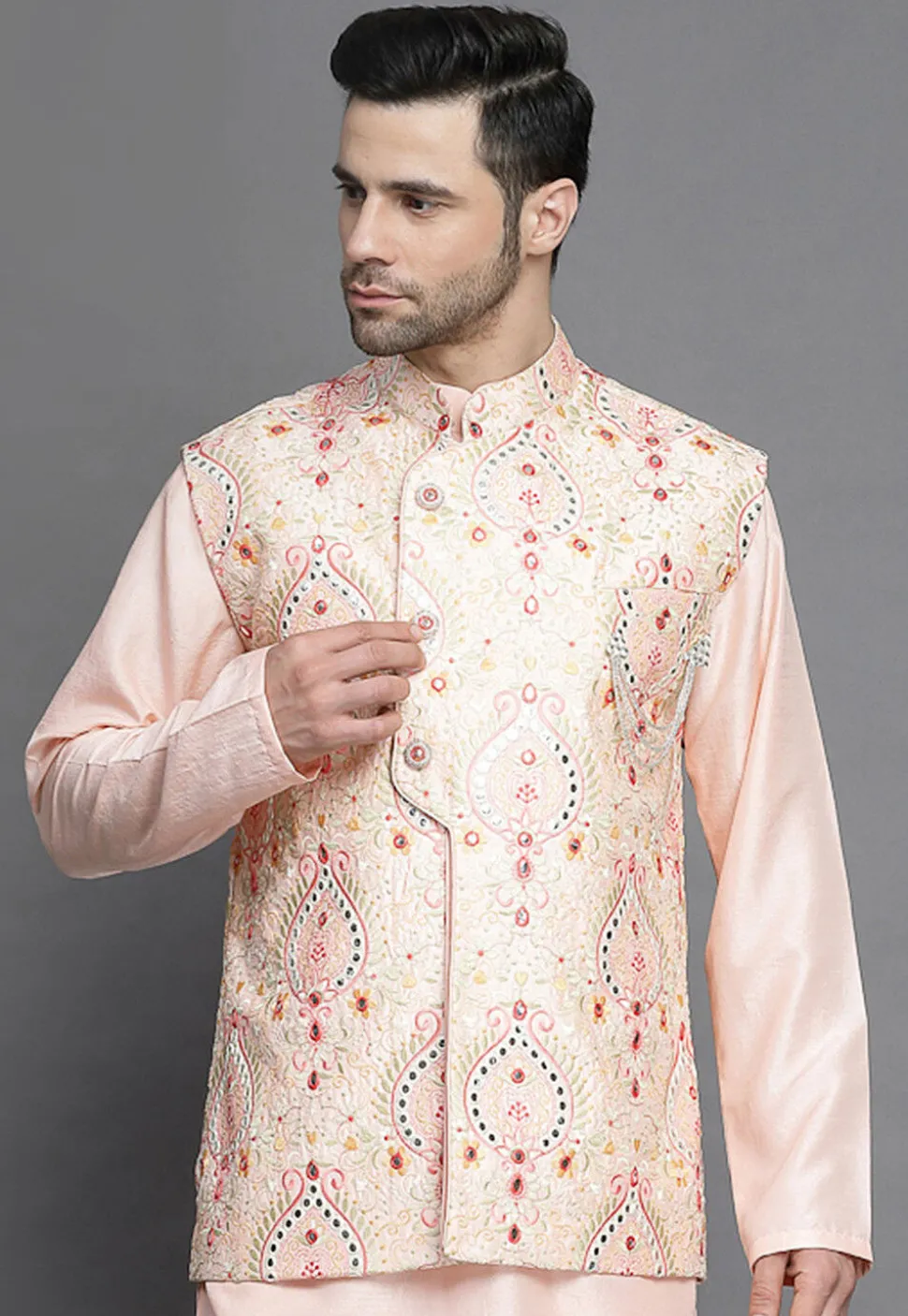 Embroidered Art Silk Nehru Jacket in Peach