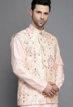 Embroidered Art Silk Nehru Jacket in Peach