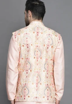 Embroidered Art Silk Nehru Jacket in Peach