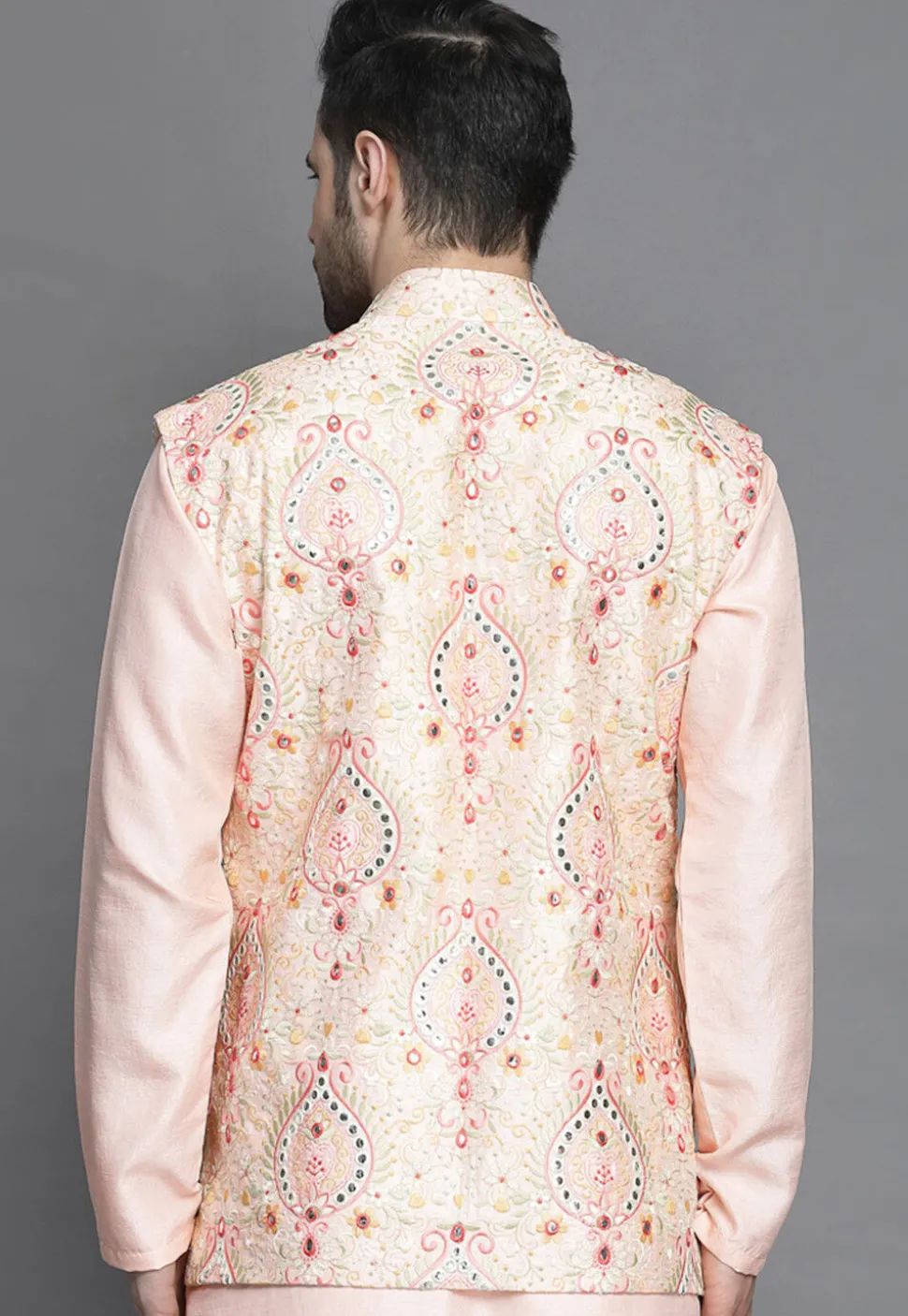 Embroidered Art Silk Nehru Jacket in Peach
