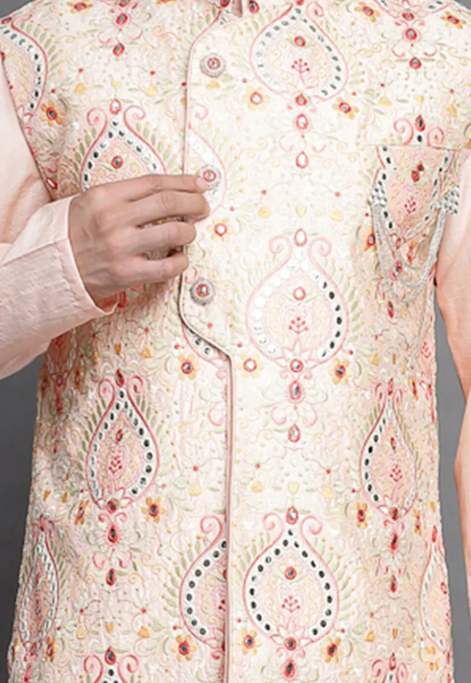Embroidered Art Silk Nehru Jacket in Peach