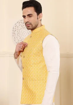 Embroidered Art Silk Nehru Jacket in Yellow