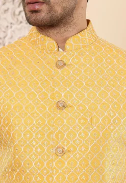 Embroidered Art Silk Nehru Jacket in Yellow