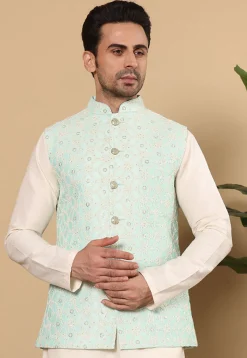 Embroidered Art Silk Nehru Jacket in Sea Green