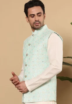 Embroidered Art Silk Nehru Jacket in Sea Green