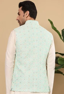 Embroidered Art Silk Nehru Jacket in Sea Green