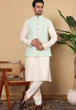 Embroidered Art Silk Nehru Jacket in Sea Green