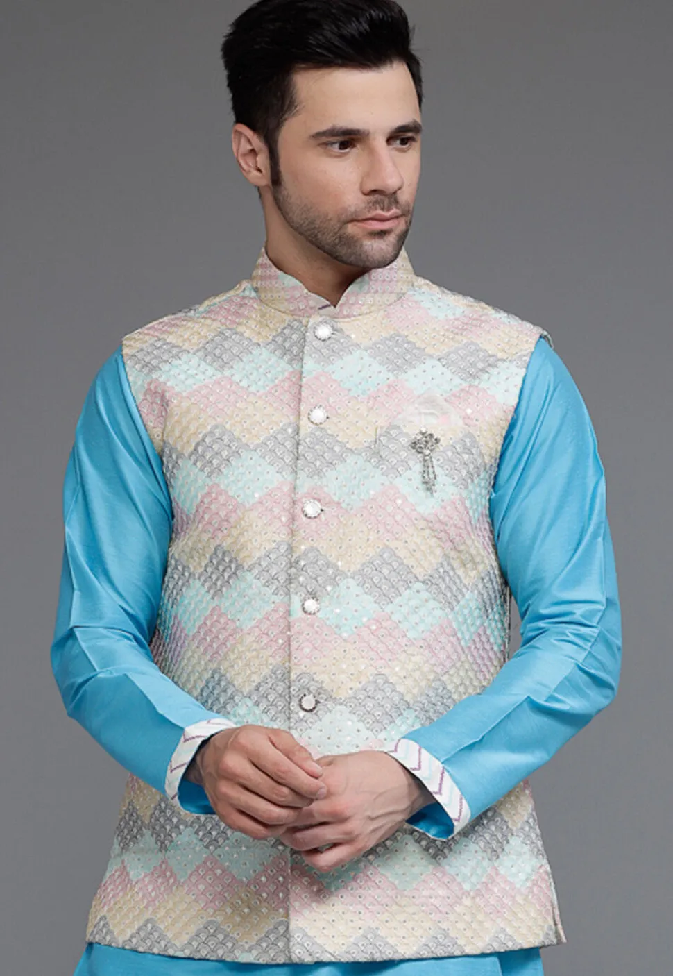 Embroidered Art Silk Nehru Jacket in Multicolor