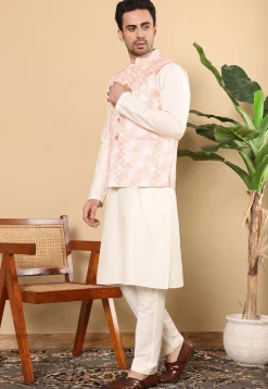 Embroidered Art Silk Nehru Jacket in Light Peach