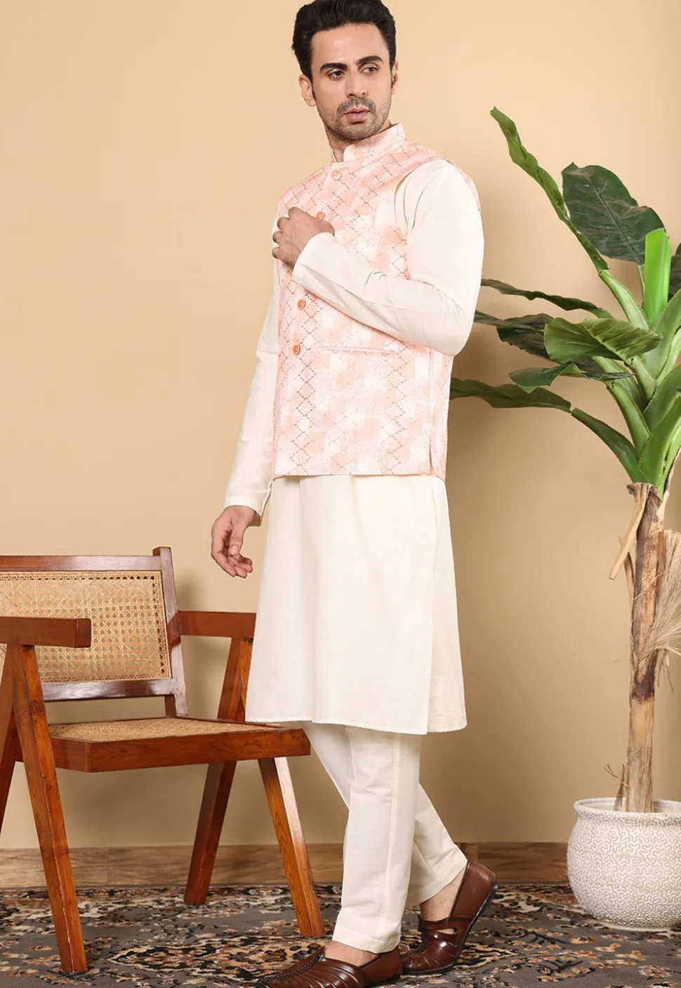 Embroidered Art Silk Nehru Jacket in Light Peach