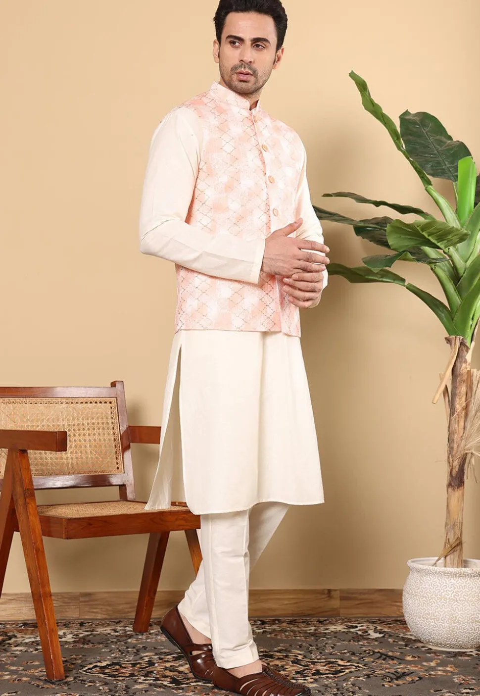 Embroidered Art Silk Nehru Jacket in Light Peach