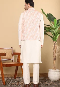 Embroidered Art Silk Nehru Jacket in Light Peach