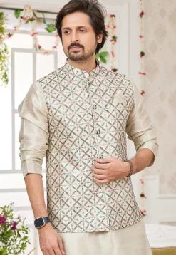 Embroidered Art Silk Nehru Jacket in Beige