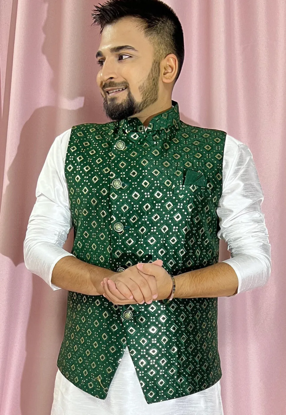 Embroidered Art Silk Nehru Jacket in Green