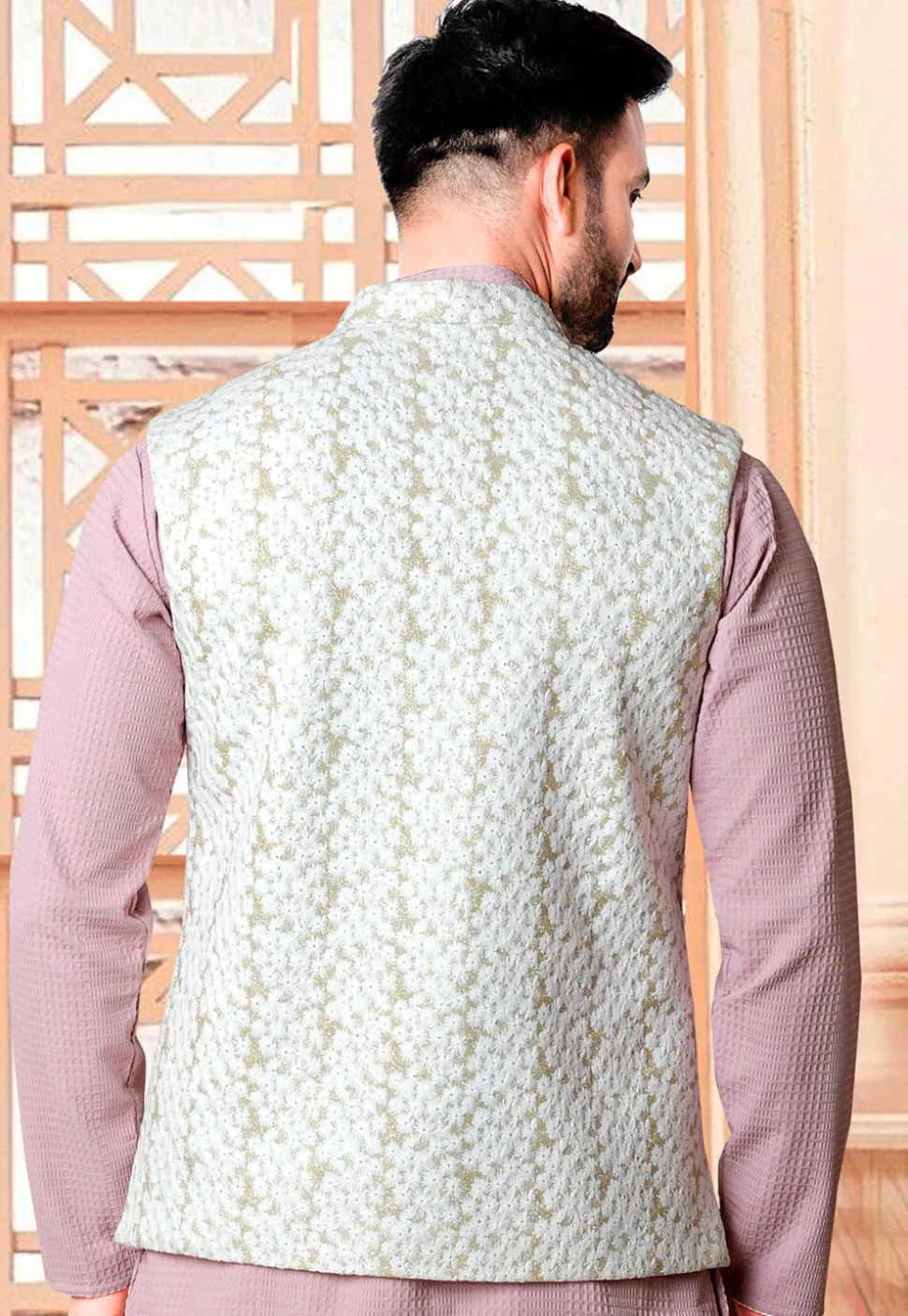 Embroidered Art Silk Nehru Jacket in Off White