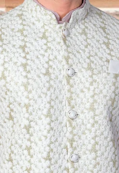 Embroidered Art Silk Nehru Jacket in Off White