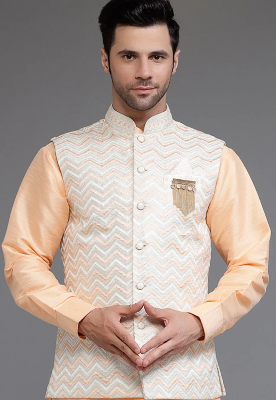 Embroidered Art Silk Nehru Jacket in Off White