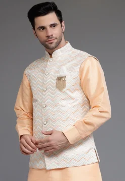 Embroidered Art Silk Nehru Jacket in Off White
