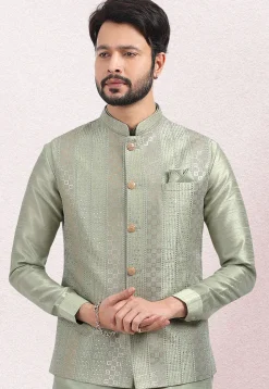 Embroidered Art Silk Nehru Jacket in Dusty Green