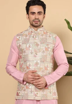 Embroidered Art Silk Nehru Jacket in Off White